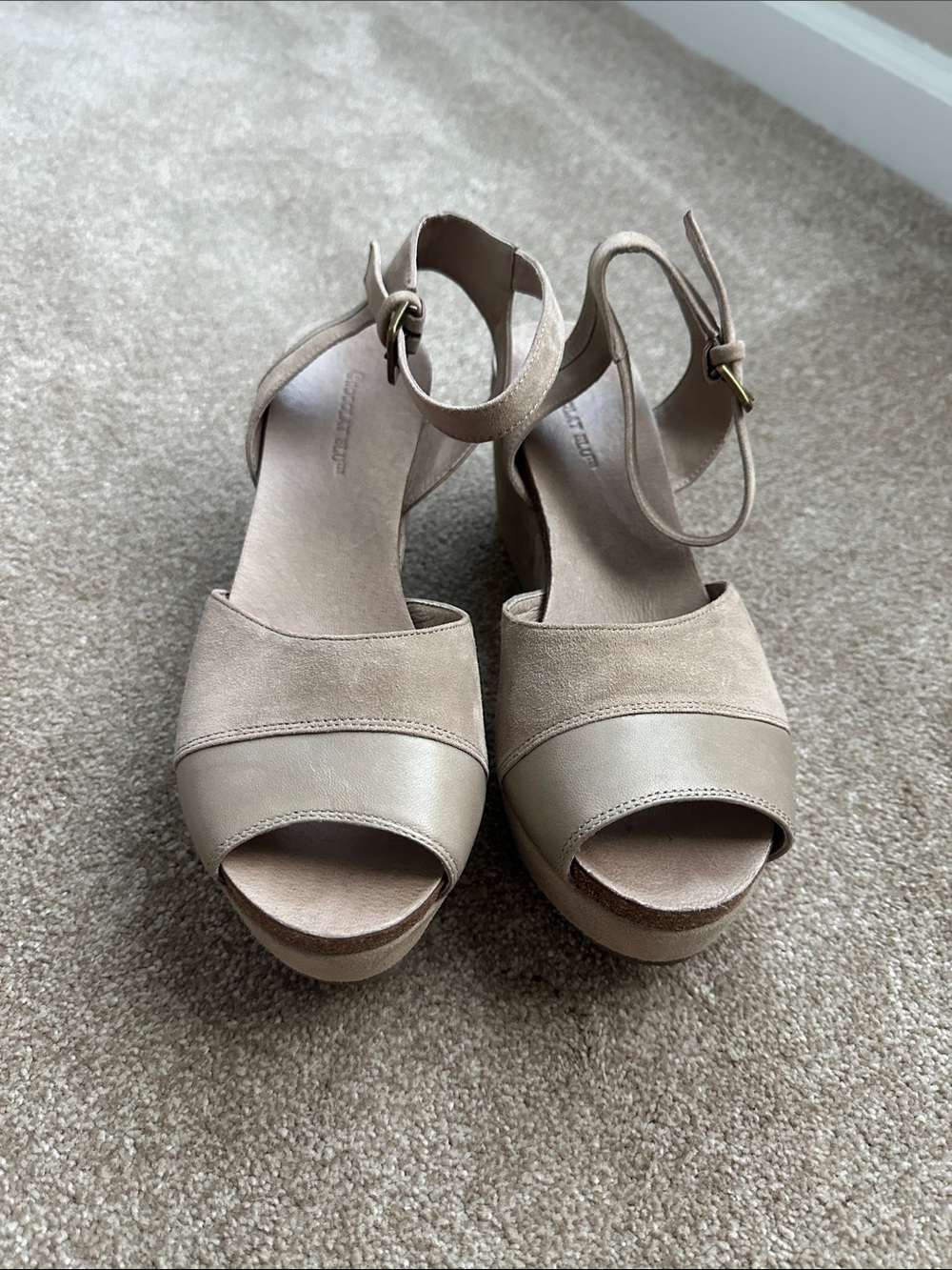 Classic Beige Suede & Leather Peep-Toe Wedge Sandals by Chocolat Blu